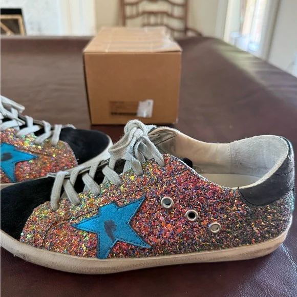 Golden Goose Multicolor Glitter and Black Sneakers w/ Blue Metallic Star - Picture 5 of 13